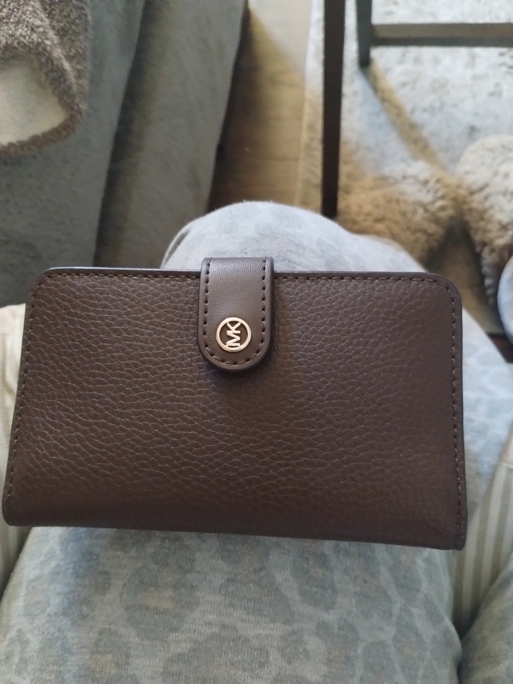 Michael Kors Dark Brown Pebbled Leather Card Holder Wallet with Gold MK Accent